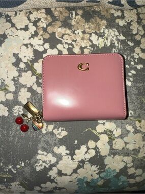 Coach Pink Zip Card Wallet with Cherry and Heart Charms